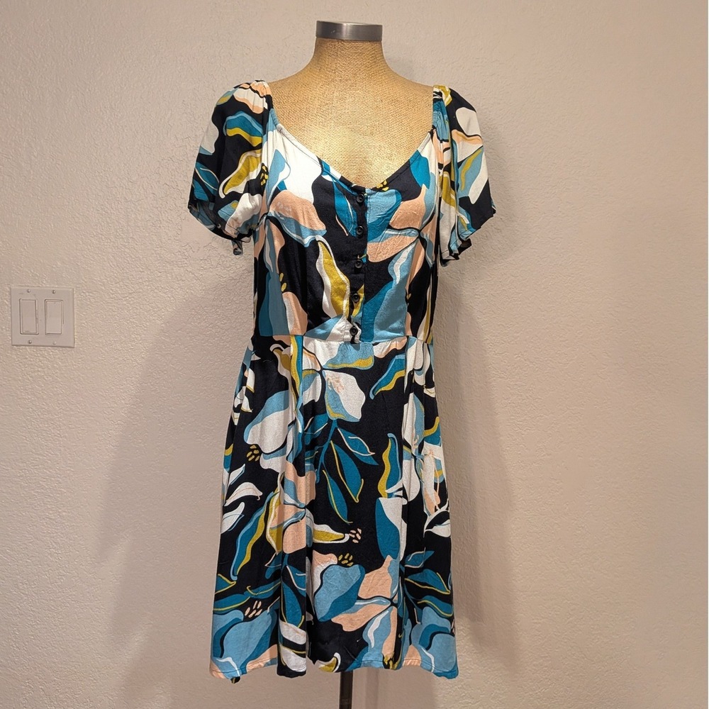 Roxy Mini Dress Women Large Black Floral Excellent Short Sleeve Button Front